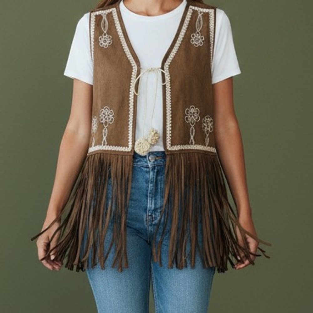Liv Los Angeles Fringe Vest Womens Large Floral Embroidery Brown Faux Suede